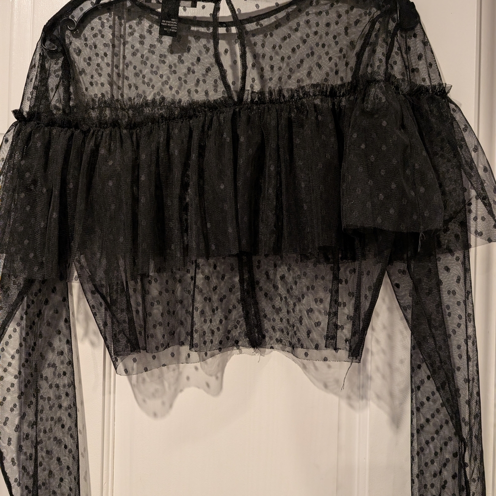 Forever21 Whimsygoth Gothcore Ditsy Black Sheer Women's Top Medium Ruffle - Picture 3 of 7